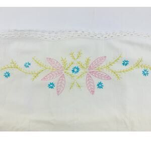 VTG Pair Embroidered Pillow Cases Crochet Trim Handmade Lime Green Leaf Pink Flo